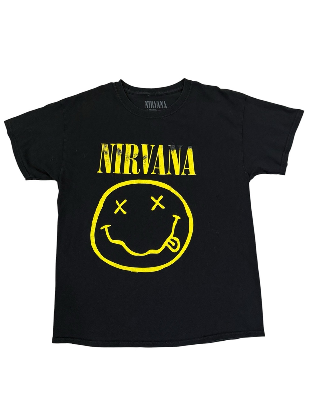 Nirvana 2020 Smiley Face Band Tee Black Yellow Graphic Grunge Rock Shirt Large